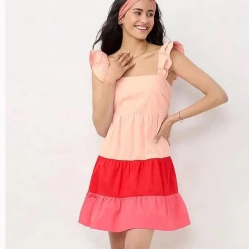 LC Lauren Conrad Red and Pink Tiered Sundress